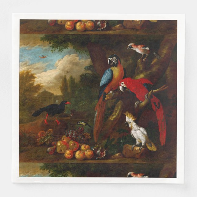 Zwei Macaws ein Cockatoo und eine Jay mit Obst Serviette (Vorderseite)