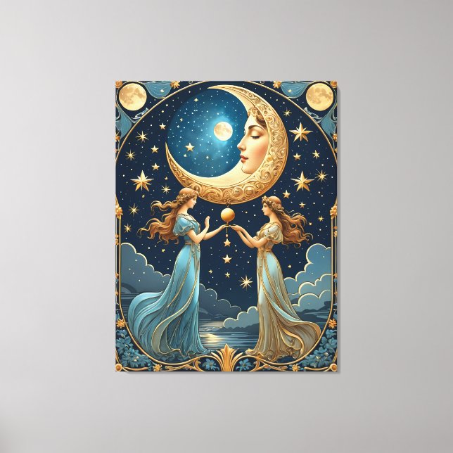 zwei Mädchen, die Magie mit dem Mond malen Leinwanddruck (Vorderseite)