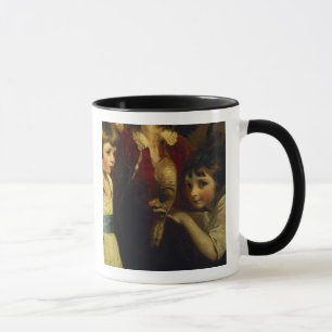 Zwei Mädchen, eins, das mit einer Maske, Detail Tasse