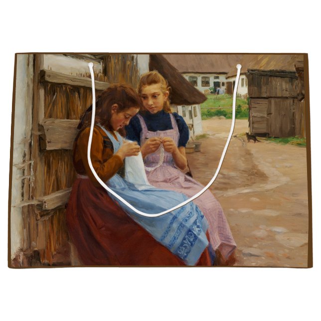 Zwei Mädchen mit Arbeit in einem Bauernhof Große Geschenktüte (Vorderseite)