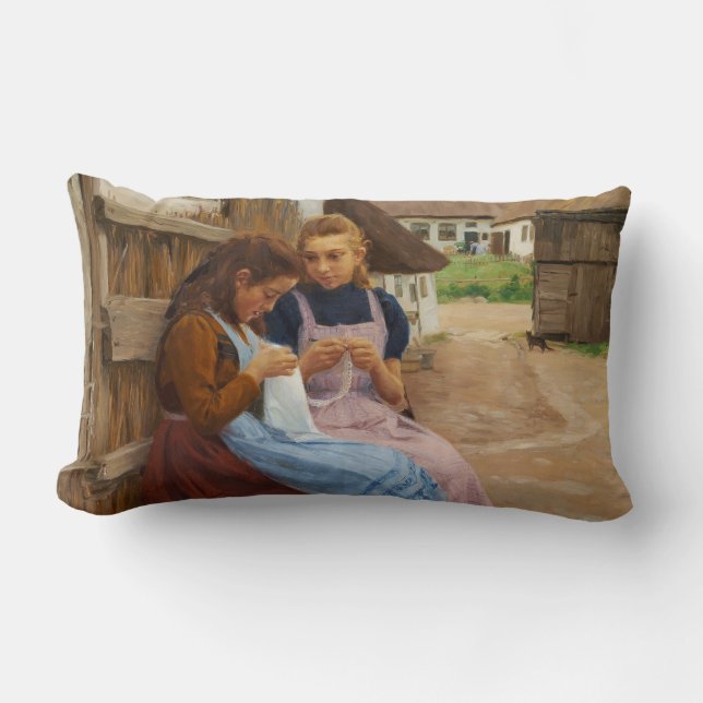 Zwei Mädchen mit Arbeit in einem Bauernhof Lendenkissen (Vorderseite)