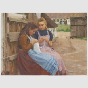 Zwei Mädchen mit Arbeit in einem Bauernhof Seidenpapier