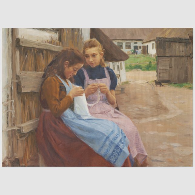Zwei Mädchen mit Arbeit in einem Bauernhof Seidenpapier (Vorderseite)
