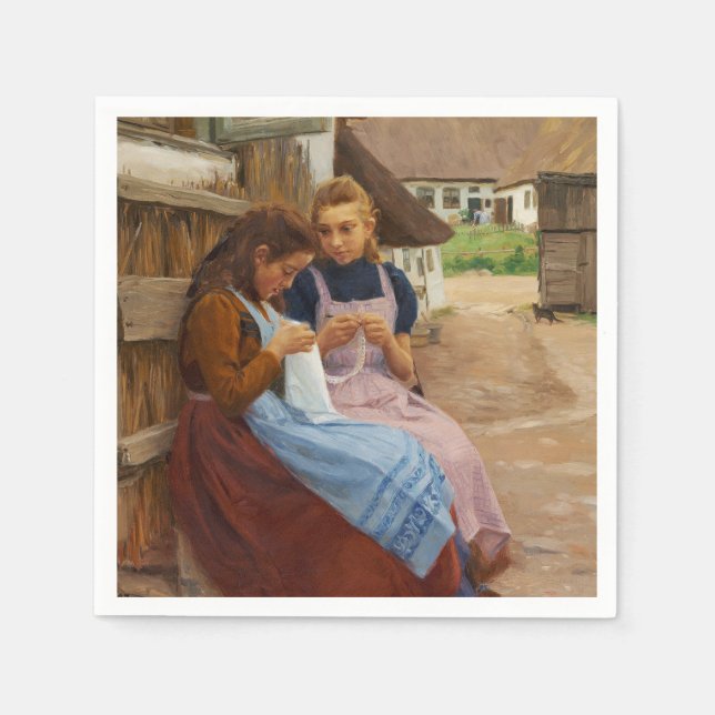 Zwei Mädchen mit Arbeit in einem Bauernhof Serviette (Vorderseite)