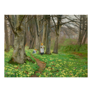 Zwei Mädchen pflücken Blumen im Frühlingswald Poster