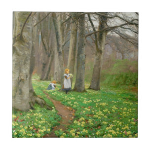 Zwei Mädchen pflücken im Frühjahrswald Blume Fliese