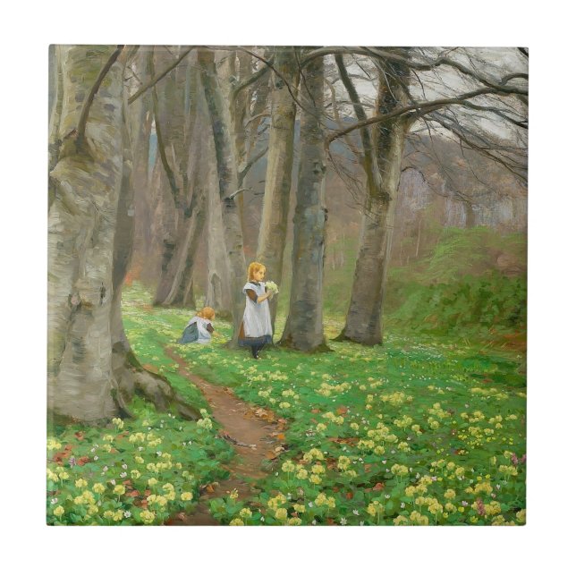 Zwei Mädchen pflücken im Frühjahrswald Blume Fliese (Vorderseite)