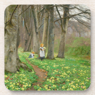Zwei Mädchen pflücken im Frühjahrswald Blume Getränkeuntersetzer