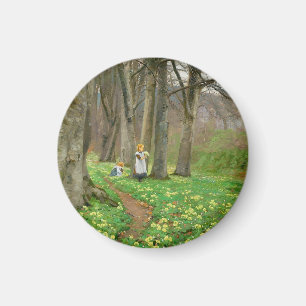Zwei Mädchen pflücken im Frühjahrswald Blume Magnet