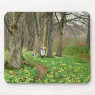 Zwei Mädchen pflücken im Frühjahrswald Blume Mousepad