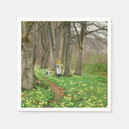 Zwei Mädchen pflücken im Frühjahrswald Blume Serviette