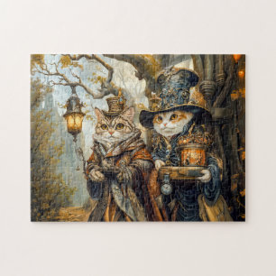 Zwei magische Katzen in einer Steampunkfantasiesze