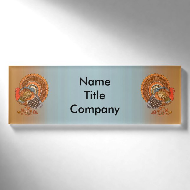 Zwei majestätische Truthühner Blätter Blue Orange Namenschild (Vorderseite)