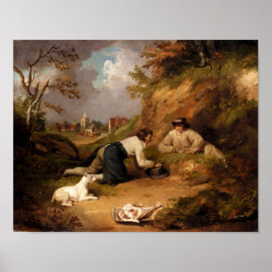 Zwei Männer jagen Kaninchen mit ihrem Hund Poster
