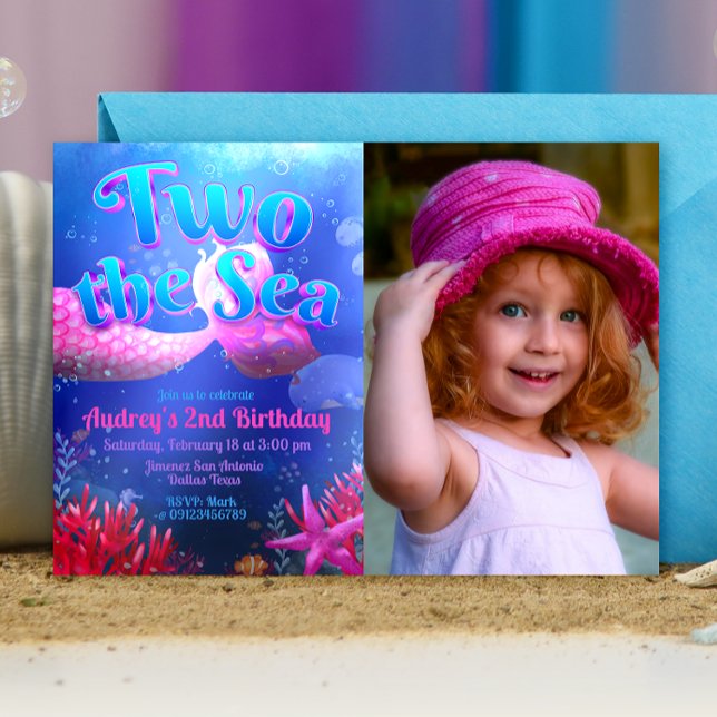Zwei Meere mit Foto Landschaft Einladung (Two the Sea - Girl Mermaid 2nd Birthday Landscape Invitation with Picture)
