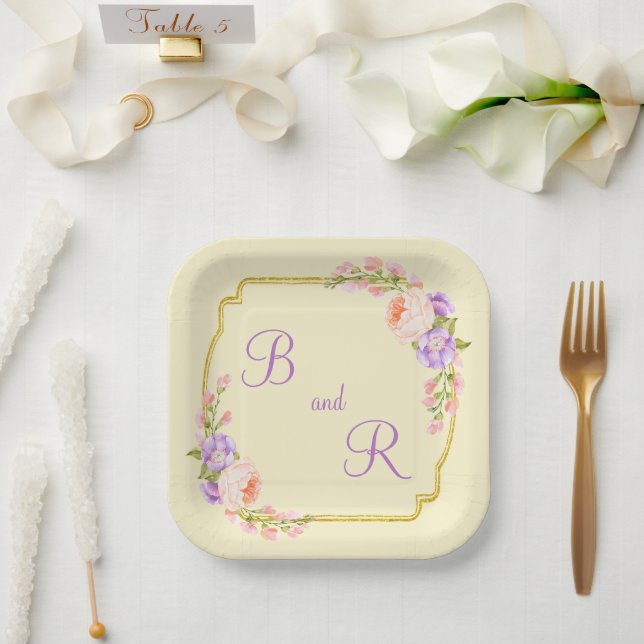 Zwei Monogramm-Blume-Rahmen Lässige Hochzeit Pappteller (Hochzeit)