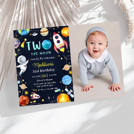 Zwei Moon Outer Space Blue 2. Geburtstags-Party Einladung
