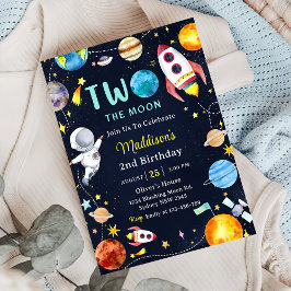 Zwei Moon Outer Space Blue 2. Geburtstags-Party Einladung