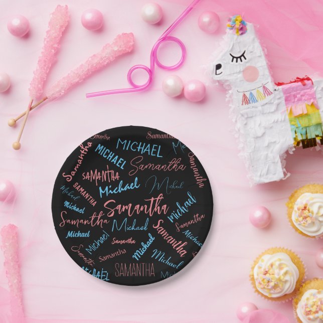 Zwei Namen Paare Muster monogramm blaues Licht pin Pappteller (Party)