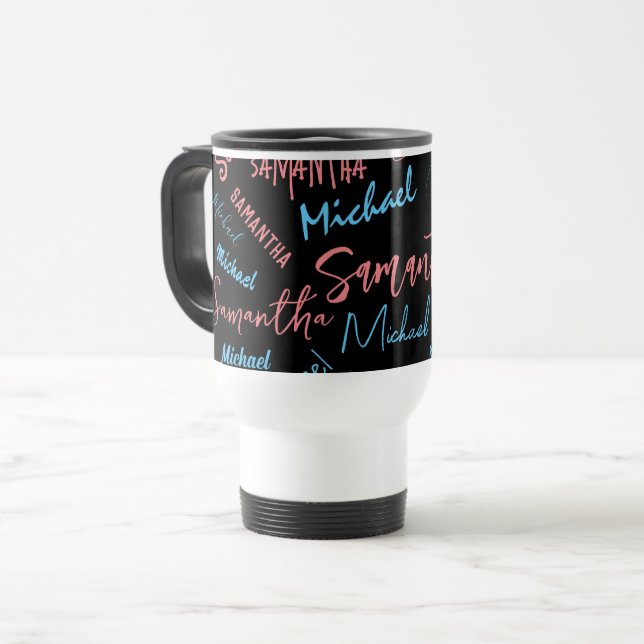 Zwei Namen Paare Muster monogramm blaues Licht pin Reisebecher (Vorderseite Links)