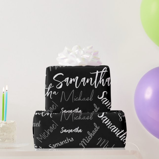 Zwei Namen, zwei Muster monogramm schwarz grau wei Geschenkpapier (Partygeschenke)