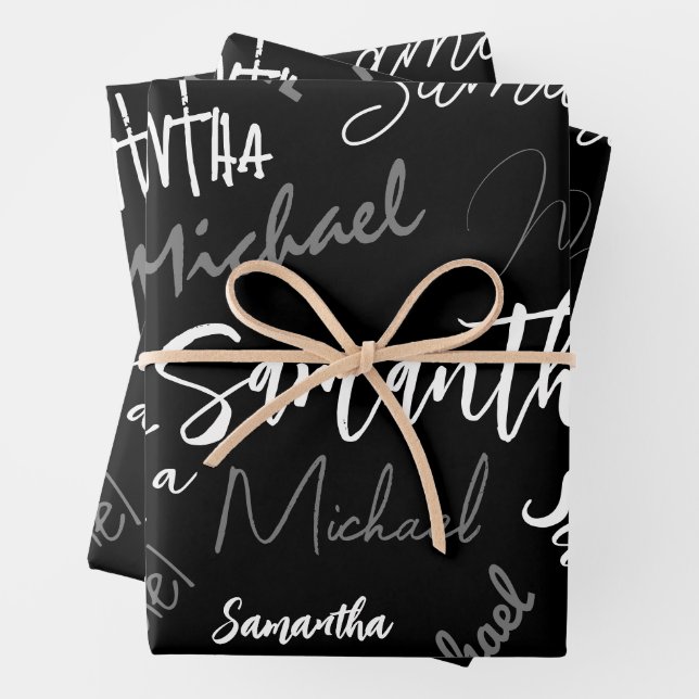 Zwei Namen, zwei Muster monogramm schwarz grau wei Geschenkpapier Set (Beispiel)