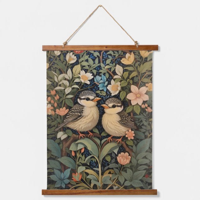 Zwei Niedliche Baby Birds Botanischer Garten Wandteppich Mit Holzrahmen (Vorderseite)