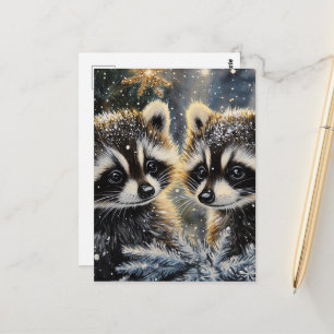 Zwei niedliche Baby-Waschbären im Winter Postkarte
