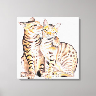 Zwei Niedliche Bengalische Katzen Aquarellkunst Leinwanddruck