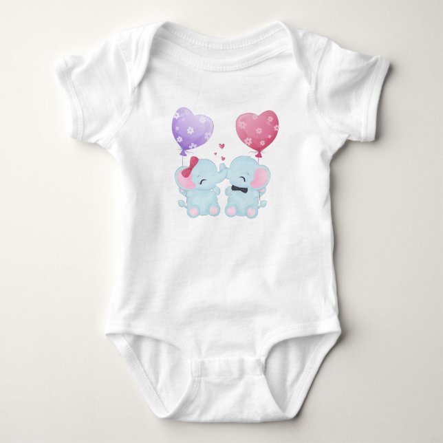 ZWEI NIEDLICHE BLAUE BABY ELEPHANTS MIT BALLOONS STRAMPLER (Vorderseite)