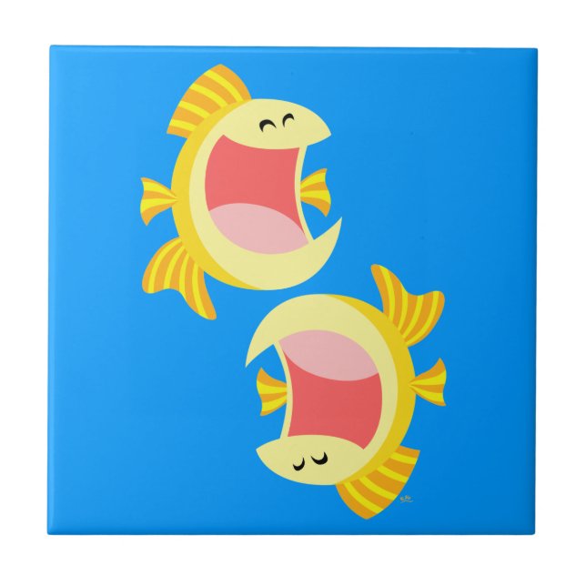 Zwei Niedliche Cartoon Fische und Fische Fliese (Vorderseite)