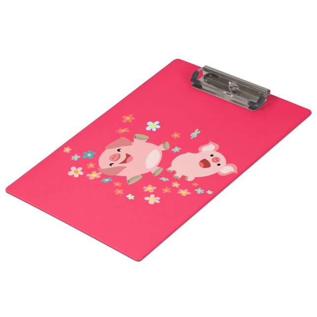 Zwei Niedliche Cartoon Schweine in der Federklamme Klemmbrett (Schrägansicht)
