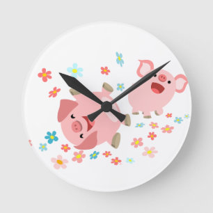 Zwei niedliche Cartoon-Schweine in der Runde Wanduhr