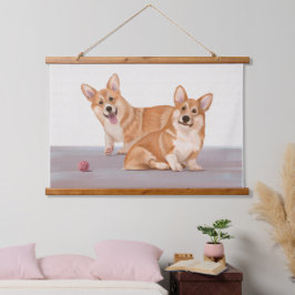 Zwei Niedliche Corgis Wandteppich Mit Holzrahmen