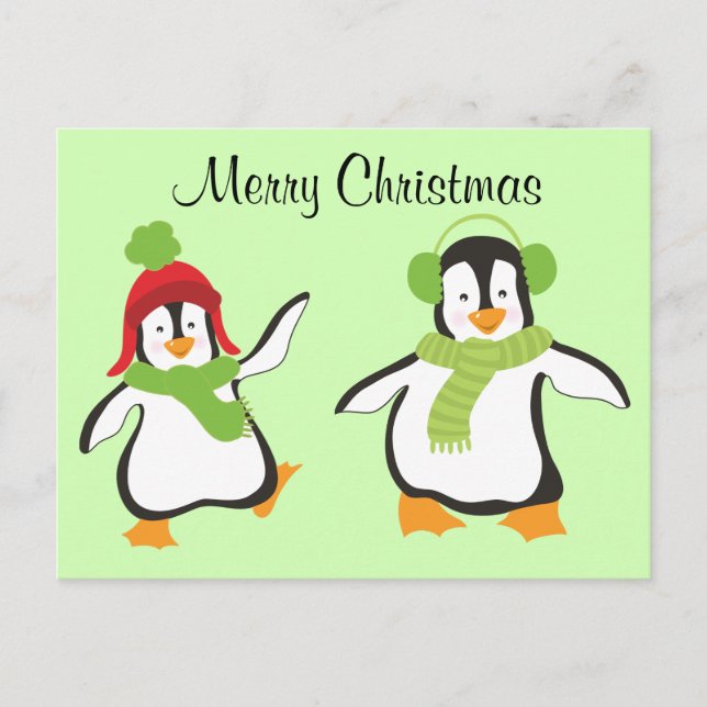Zwei Niedliche Dancing Cartoon Pinguine Feiertagspostkarte (Vorderseite)