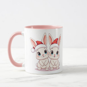 zwei niedliche Hasen mit Weihnachtsmannmütze Tasse