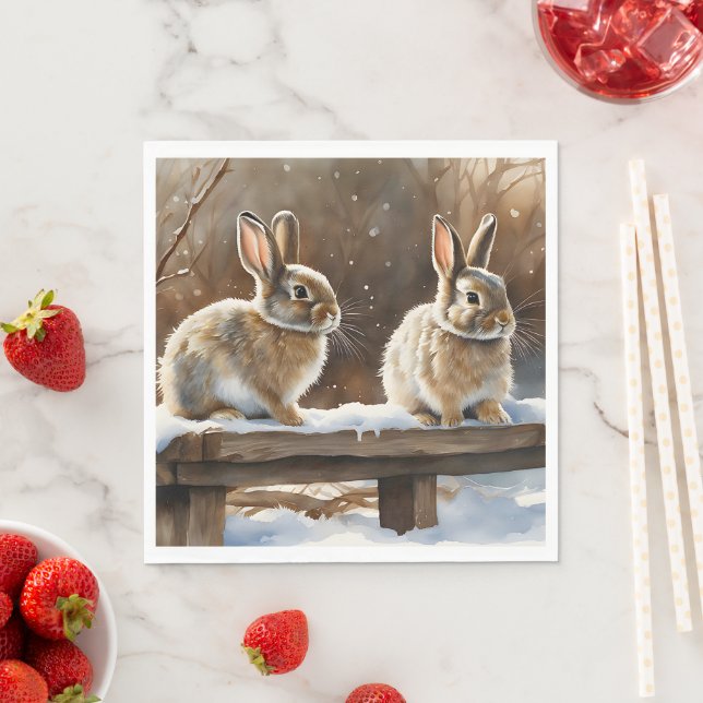 Zwei Niedliche Kaninchen auf der Schnee Serviette (Beispiel)