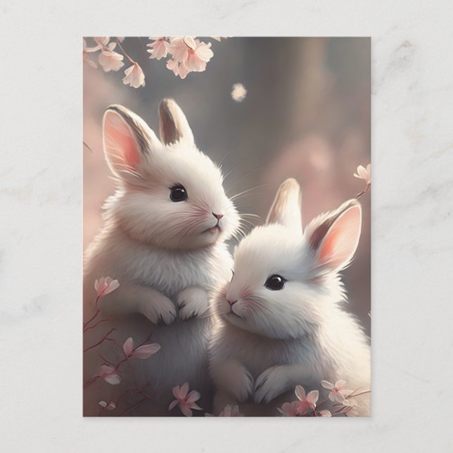 Zwei niedliche Kaninchen mit Kirschblüten auf der  Postkarte (Vorderseite)