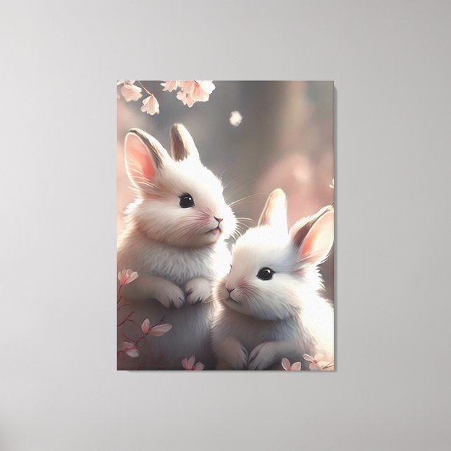Zwei niedliche Kaninchen und Sakura Stretched Canv Leinwanddruck (Vorderseite)