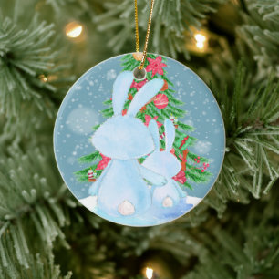 Zwei Niedliche Kaninchen Weihnachtsbaum im Schnee Keramik Ornament