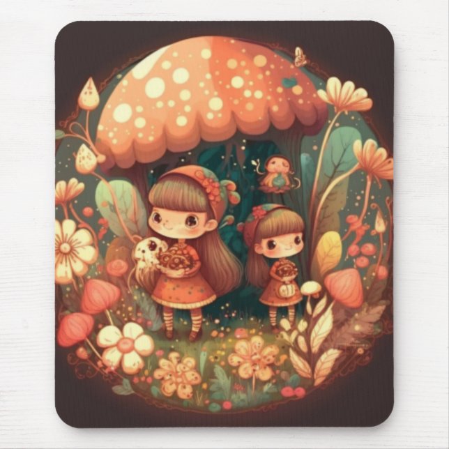 Zwei niedliche kleine Elfen unter Pilzen Zwischena Mousepad (Vorne)