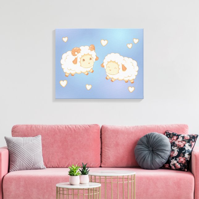 Zwei Niedliche kleine Schafe Ram Ewe auf Blue Leinwanddruck (Insitu (Wohnzimmer))