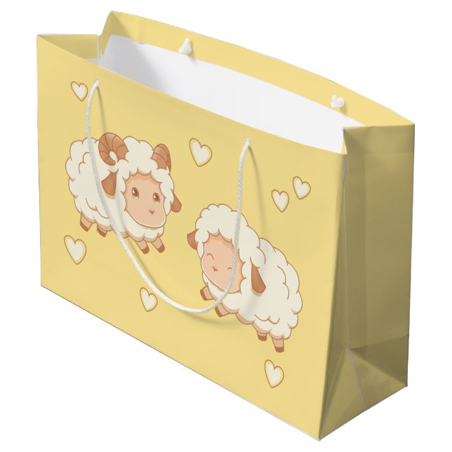 Zwei Niedliche kleine Schafspattern auf Gelb Große Geschenktüte (Rückseite Schrägansicht)