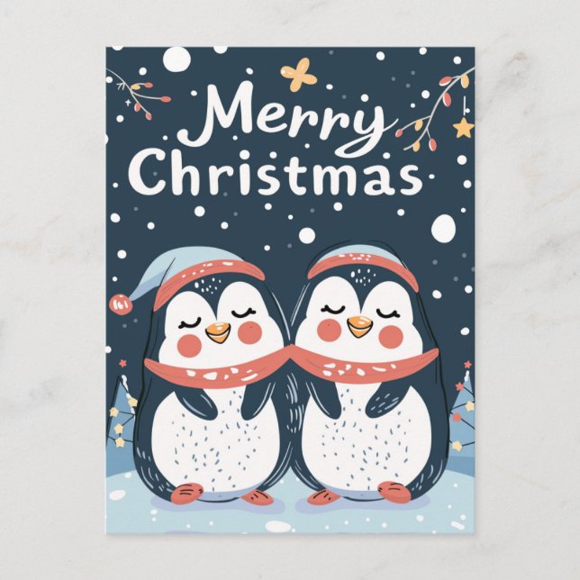 Zwei niedliche Pinguine frohe Weihnachten Postkarte (Vorderseite)