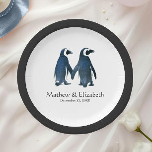 Zwei Niedliche Pinguine   Romantische Hochzeit Pappteller