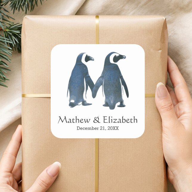 Zwei Niedliche Pinguine | Romantische Hochzeit Quadratischer Aufkleber (Von Creator hochgeladen)