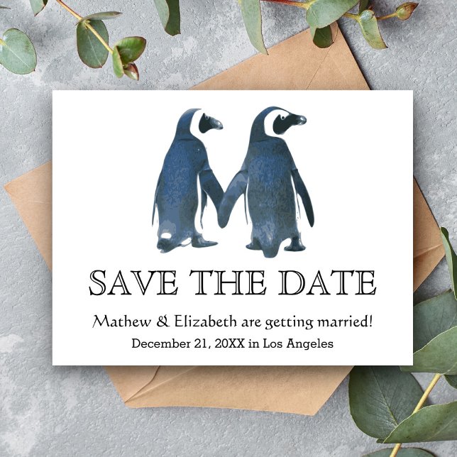 Zwei Niedliche Pinguine | Romantische Hochzeit ret Ankündigungspostkarte (Von Creator hochgeladen)