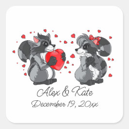 Zwei Niedliche Raccoons | Romantische Hochzeit Quadratischer Aufkleber