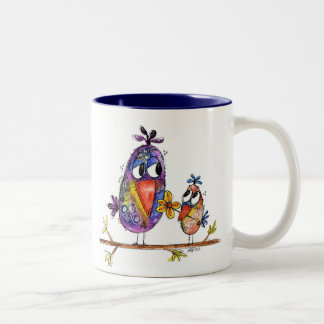 Zwei Niedliche und Whimsikale Vögel Zweifarbige Tasse