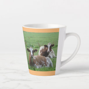 Zwei Niedliche weißbraune Kühe Kruste. Orange Latt Milchtasse